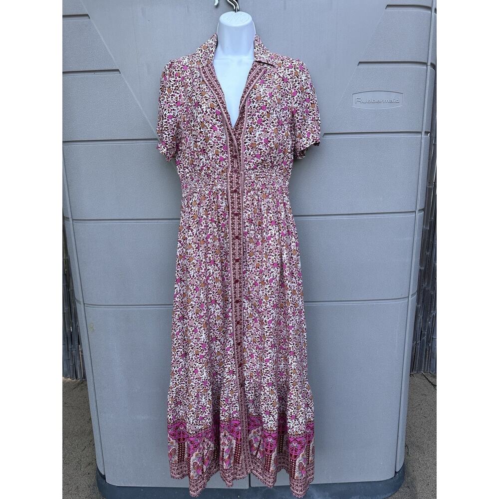In Loom Floral Border Print Button Front Midi Dress Sz S Feminine Cottagecore - Picture 6 of 14